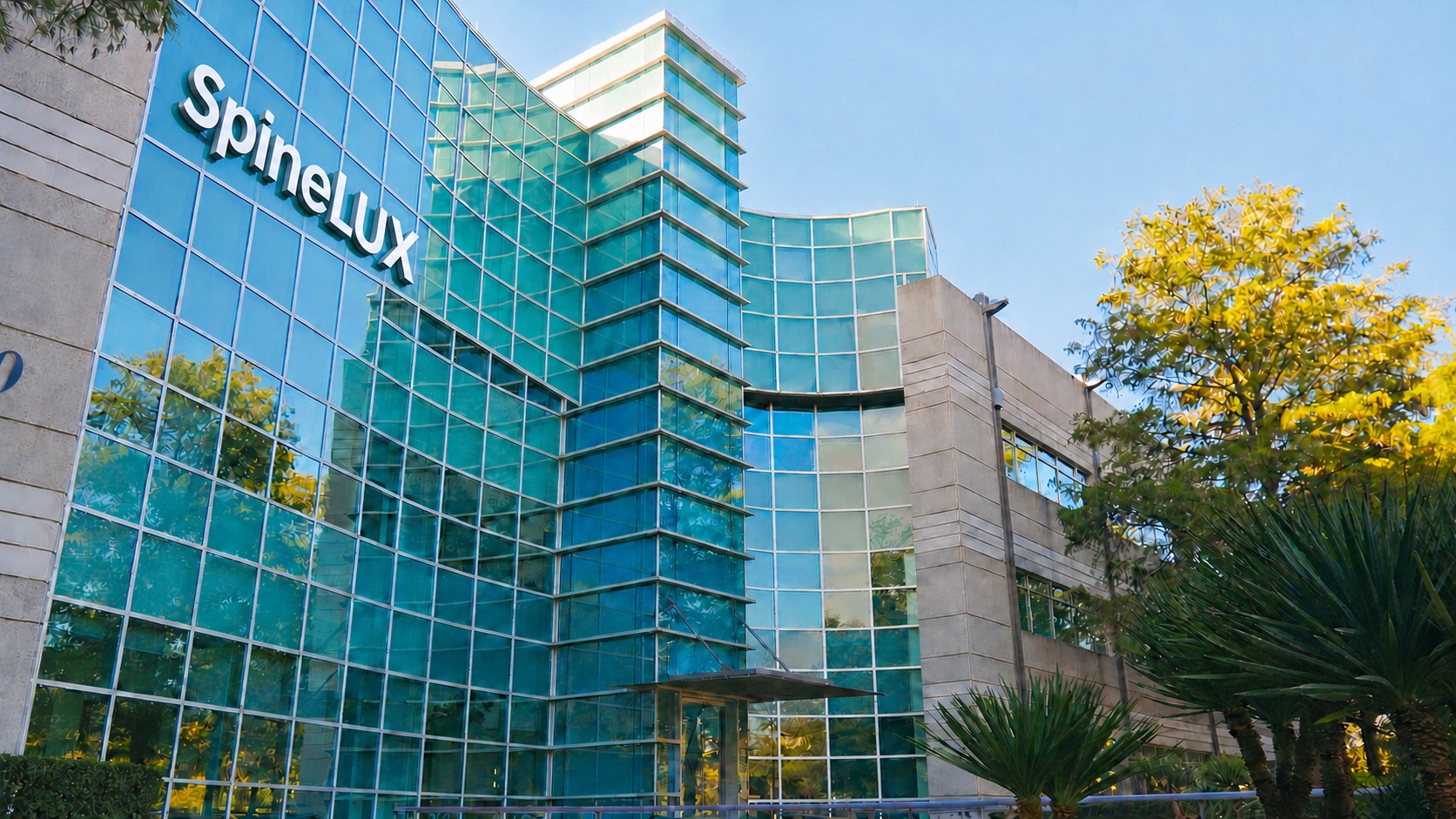 SpineLUX Irving office with white exterior SpineLUX building sign